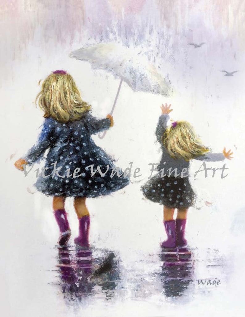 Sisters Art Print, two girls, two sisters, rain sisters, girls bedroom art, gray purple, mother gift, rain girls, wall art, Vickie Wade art image 4