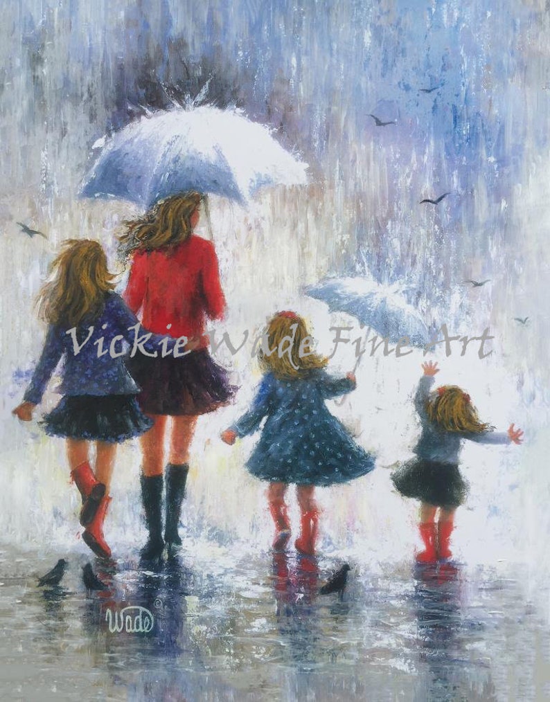 Mother Three Daughters Rain Art Print Three Girls Mothers Day Gift Rain Girls Mom Three Sisters Rain Paintings Vickie Wade Art