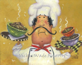 Fat Chefs Art Print, chef wall art funny three bowl chef art kitchen wall decor, chef paintings whimsical, waiter, Vickie Wade ART