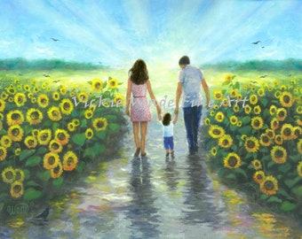 Sunflower Walk Daughter Art Print, mother father daughter, walking towards sunset, girl memorial, mom, dad, daughter, Vickie Wade Art