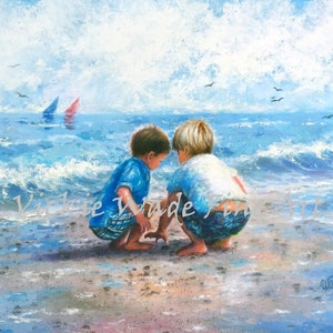 Two Beach Boys Art Print, two brothers beach, blonde and brunette beach boys, beach wall art, art, little boys room, Vickie Wade art image 2