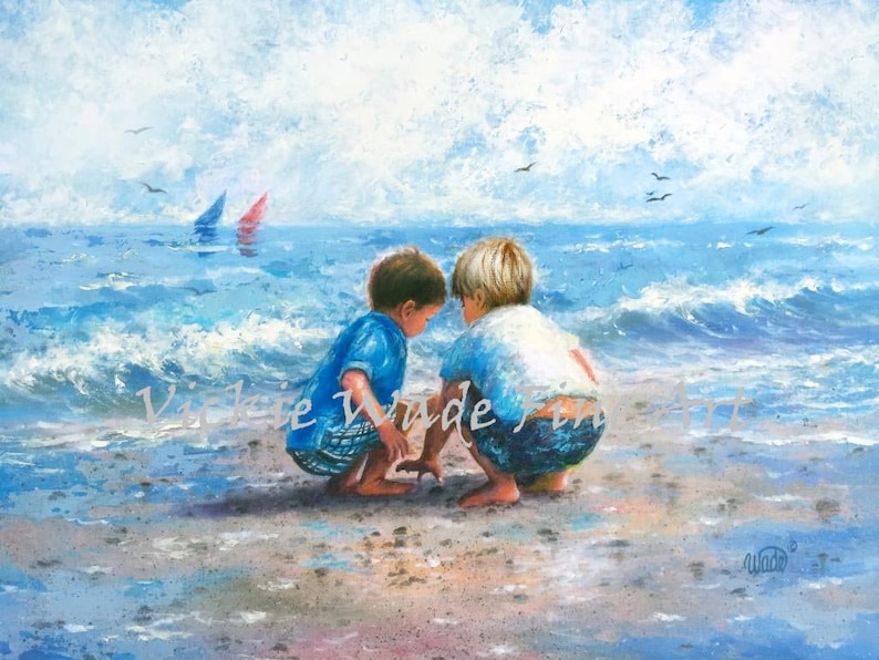 Two Beach Boys Art Print, two brothers beach, blonde and brunette beach boys, beach wall art, art, little boys room, Vickie Wade art image 2