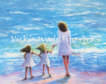 Mother and Twin Daughters Beach Art Print, mom, twin girls, twin sisters, blonde and brunette sisters, beach paintings, Vickie Wade Art
