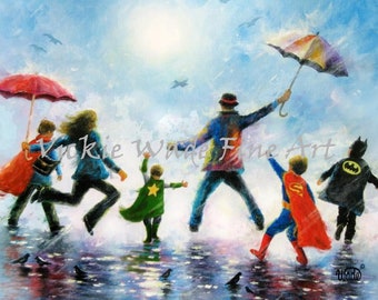 Four Boys Super Hero Family Art Print, four boys, four sons singing in the rain art, four brothers, mom dad family wall art, Vickie Wade