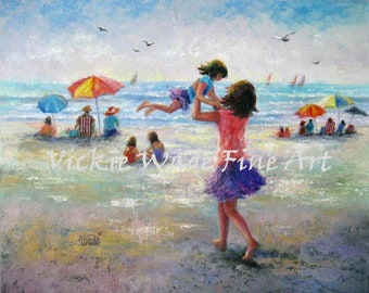 Mother Daughter Beach Print beach art mom daughter beach children beach umbrellas, beach paintings wall art, beach joy, Vickie Wade art