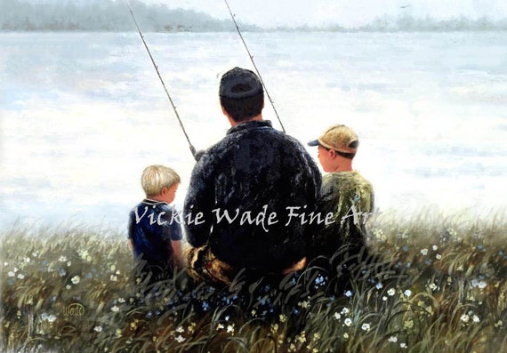 Father Two Sons Fishing Art Print, Two Brothers Fishing With Dad