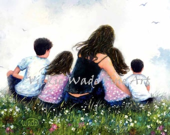 Mother and FOUR Children Art Print two sons two daughters, two boys two girls, four kids, mom, mum hugging children meadow, Vickie Wade Art