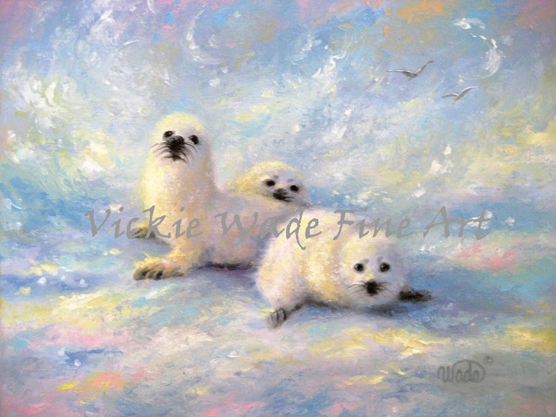 Baby Seals Art Print, baby harp seals print, nursery wall art, white baby seals, three baby seals wall art, Vickie Wade Art image 1