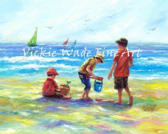 Three Beach Boys Art Print, beach paintings, three boys, beach, three brothers, beach children, three sons, boys room beach,Vickie Wade art