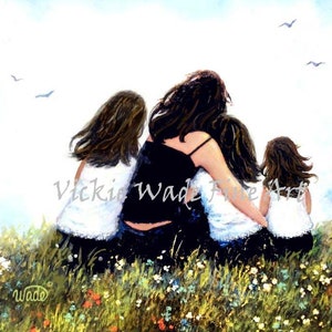 Mother and Three Daughters Art Print: Brunette Family Meadow Scene
