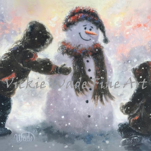 Pupazzo di neve e due ragazzi Arte Stampa due fratelli dipinti di pupazzo di neve, bambini arte della parete di neve, arte di Vickie Wade, dipinti di pupazzo di neve