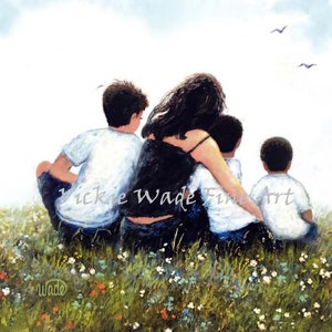 Mother and Three Sons Biracial Art Print, mom, three boys, two biracial black sons, mom hugging three sons, mom, mum, Vickie Wade Art