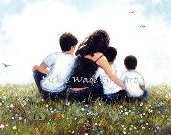 Mother and Three Sons Biracial Art Print, mom, three boys, two biracial black sons, mom hugging three sons, mom, mum, Vickie Wade Art