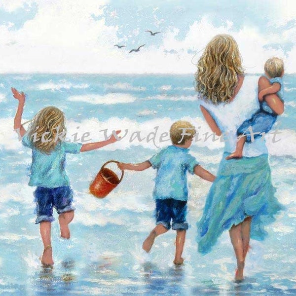 Beach Mother Daughter and Two Sons Art Print, mom three children splashing ocean, sister and two brothers, girl and two boys, Vickie Wade