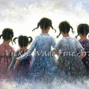 May include: Five young girls with dark hair and pigtails walk side by side, wearing dresses in shades of pink, purple, and blue. The girls are walking away from the viewer, and the background is a soft, blurred sky.