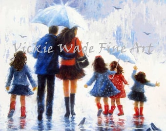 Four Sisters Art Print, four daughters, four girls, father mother, rain people, rain family, blue red wall art, umbrellas, Vickie Wade Art