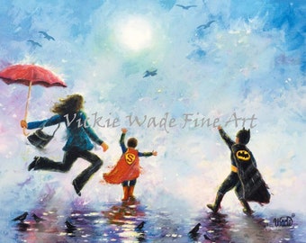 Mother Two Sons Superhero Boys Art Print, Batman and Superman two brothers, boys room, mother gift, singing in the rain, Vickie Wade Art