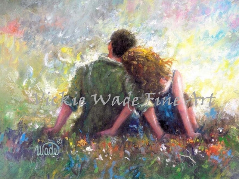 Lovers Couple Art Print, loving couple hugging wall art, romantic art, redhead lady, red hair, gift, married love, sitting, Vickie Wade Art image 1