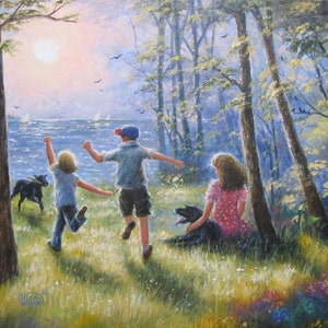 Children Playing Art Print kids summer time wall art, three children, lake paintings, three children, sisters brother, Vickie Wade art