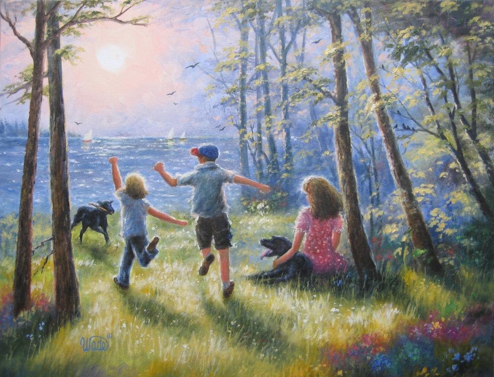 Children Playing Art Print kids summer time wall art, three children, lake  paintings, three children, sisters brother, Vickie Wade art