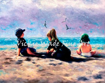 Three Beach Children Art Print, beach wall art, three kids beach wall art, black labrador dog, black dog beach, Vickie Wade Art