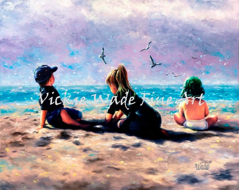 Drei Strand Kinder Kunstdruck, Strand Wandkunst, drei Kinder Strand Wandkunst, schwarzer Labrador Hund, schwarzer Hund Strand, Vickie Wade Art Bild 1