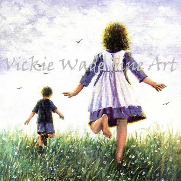 Sister and Brother Art Print, children running, kids wall art, summer frolic, barefoot kids, boy and girl, brother and sister, Vickie Wade