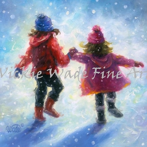 Sisters Art Print: Two Girls Playing in Snow, Vickie Wade Art