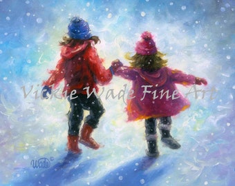 Sisters Art Print two sisters snow holding hands, two girls snow wall art, children snow paintings, snow sisters wall art, Vickie Wade art