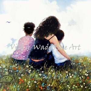 Biracial Family Art Print: Mother, Daughter, and Son in Meadow