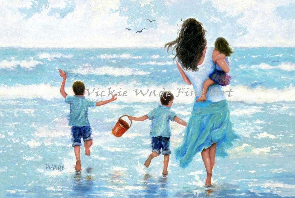 Beach Mother With Children Art Print: Ocean Waves, Vickie Wade