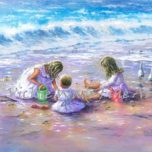 Three Beach Girls Art Print, three blonde beach sisters, three sisters, three blonde girls beach wall art, three daughters, Vickie Wade art