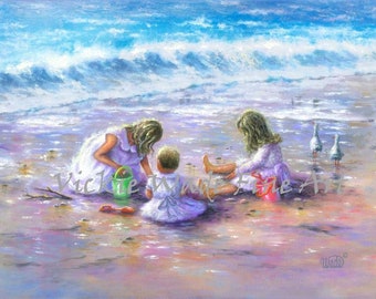 Three Beach Girls Art Print, three blonde beach sisters, three sisters, three blonde girls beach wall art, three daughters, Vickie Wade art