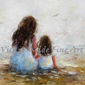 Mother Daughter Art Print: Beach Chat, Blue Gray Decor