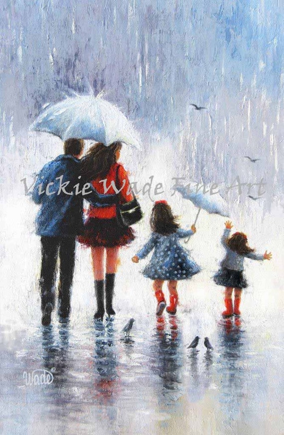 Rain Family Art Print: Father, Mother, Two Daughters by Vickie Wade