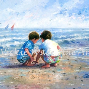 Beach Children Art Print: Finding Sea Shells by Vickie Wade