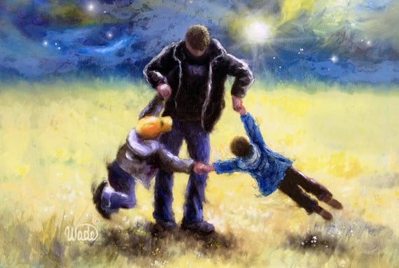 Father and Two Sons Art Print: Dad Twirling Boys, Vickie Wade Art