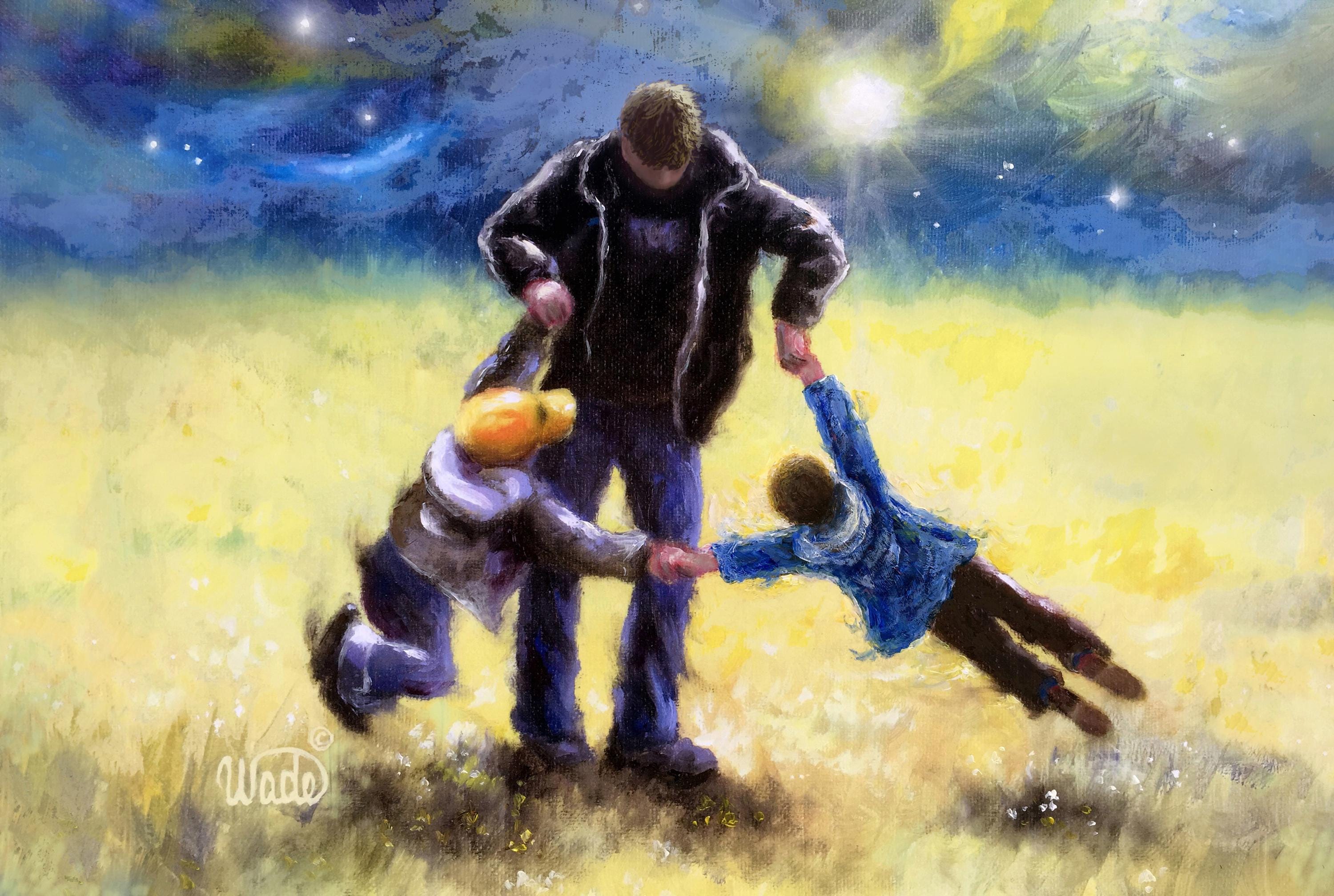 Father and Two Sons Art Print: Dad Twirling Boys, Vickie Wade Art