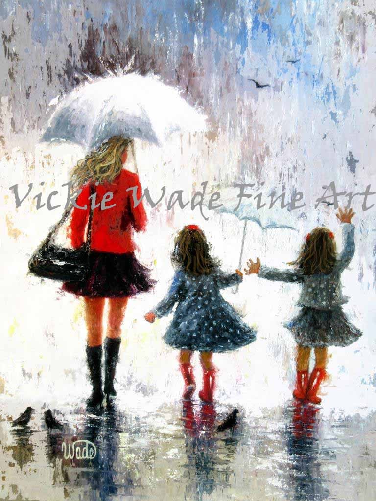Twin Girls Art Print: Rainy Day Walk With Mom, Vickie Wade Art