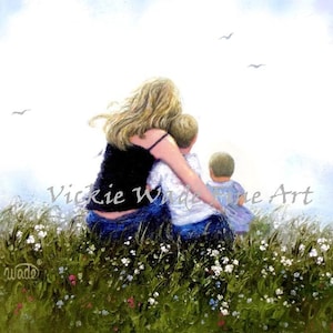 Mother Son and Baby Daughter Art Print, hugging in meadow, boy and baby girl, brother and little sister, Vickie Wade Art