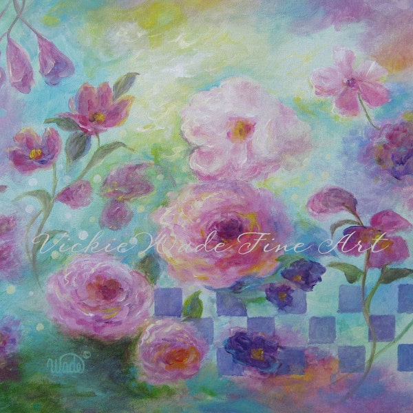 Pretty in Pink Original Floral Oil Painting, 18X24 canvas, floral abstract paintings, pink flowers, roses, mint green, Vickie Wade art
