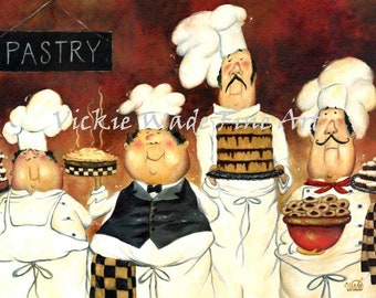 Four Pastry Chefs Art Print fat chef wall art funny chefs paintings rust brown kitchen art, cakes, pies, cookies desserts, Vickie Wade Art