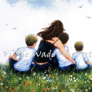 Mother and Three Sons Art Print: Mom Hugging Boys