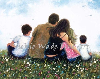 Mother Father Two Sons and Daughter Art Print, Family three children meadow, two boys and girl, two brothers and sister, Vickie Wade