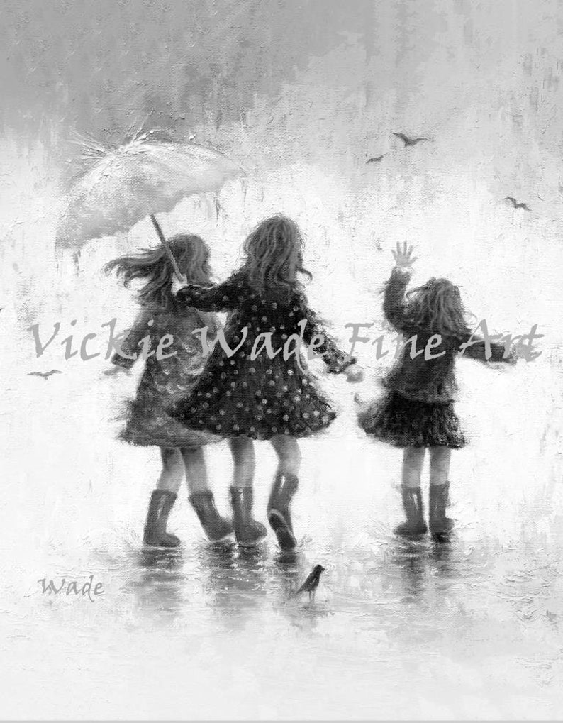 Three Sisters Rain Art Print, three girls paintings, three rain sisters, sisters paintings, girls room art, three daughters, Vickie Wade Art image 3