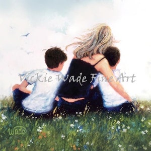 Mother and Two Sons Art Print, mom, two boys, brunette mother, mom hugging sons, loving mother, mother's day gift, mum art,  Vickie Wade Art