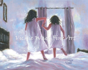 Two Sisters Jumping On the Bed Art Print, two girls bedroom wall art, angel sister, sister memorial two daughters one angel,  Vickie Wade