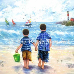 Two Beach Boys Art Print two little brunette brothers, beach wall art boys room blue beach two boys, nautical wall decor, Vickie Wade Art