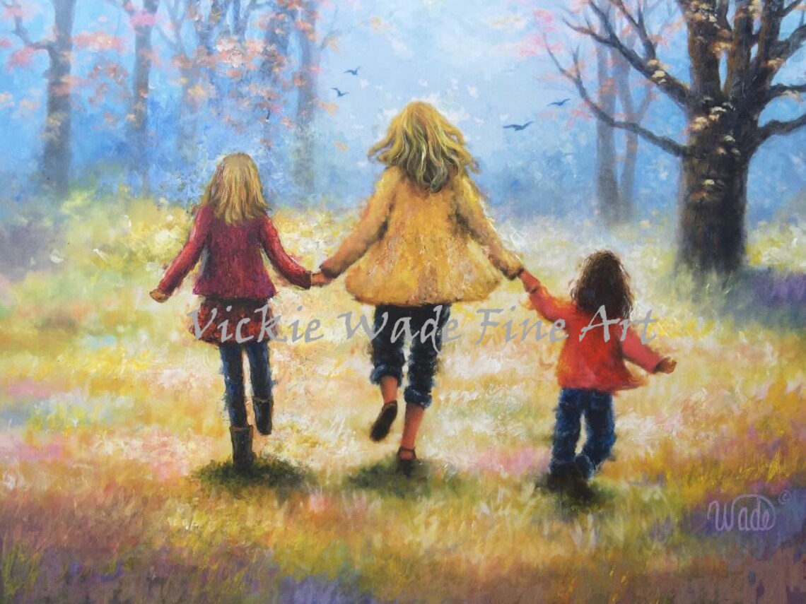 Mother Two Daughters Art Print Two Daughters Two Girls Mom - Etsy