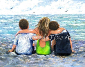 Three Beach Children Hugging Art Print, two boys and girl, two brothers and sister, beach wall art, 3 children at beach, Vickie Wade Art